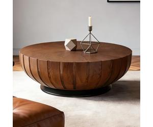 Wxnnx Mesa De Centro Redonda De 90 Cm, Mesa De Centro De Estilo Rústico Moderno con Vetas De Madera, Mesa De Centro Baja con Forma De Cuenco Y Base Negra, Mesa Auxiliar Decorativa