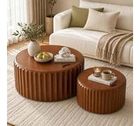 Wxnnx Modern Round Nesting Coffee Table Set of 2 with Storage, Mid-Century Round Nesting Fluted Wood Tables for Living Room, Drum Circle Center Tables for Apartment Small Space,E Brown 26