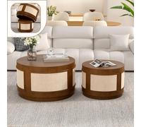 Wxnnx Modern Round Nesting Coffee Table Set, Round Mid-Century Coffee Table with Fabric Accent, Circle Drum Center Table for Apartment Small Space, Easy Assembly,C Brown 26