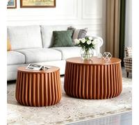 Wxnnx Round Modern Nesting Coffee Table Set of 2 with Storage, Round Mid-Century Nesting Drum Fluted Tables for Small Spaces, Wooden Circle Center Tables, for Apartment Small Space,D Brown 26