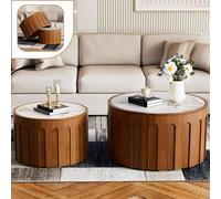 Wxnnx Round Nesting Coffee Table Set, Sintered Stone Top and Fluted Wood Base, Modern Handcrafted Drum Side Tables Set of 2 for Apartment Small Space, Easy Assembly,A Brown26