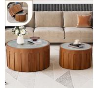 Wxnnx Round Nesting Coffee Table Set, Sintered Stone Top and Fluted Wood Base, Modern Handcrafted Drum Side Tables Set of 2 for Apartment Small Space, Easy Assembly,B Brown 26