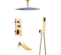 WXPGFEQ Sistema de Ducha de Lluvia LED con Pantalla Digital, Grifo de Ducha Dorado, caño de bañera en Cascada, Mezclador de Lluvia Cuadrado, Ducha combinada, Cabezal de Ducha de Mano para