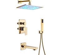 WXPGFEQ Sistema de Ducha LED Tipo Lluvia con Cabezal Cuadrado de 40 cm, Ducha de Mano y caño de bañera, Grifo Dorado de Pared para un baño de Lujo.