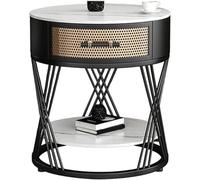 WxuuLTGJR Mesita de Noche Redonda con cajón y Estante de Almacenamiento, mesita de Noche de Piedra de Dos Niveles, Mesa Auxiliar con Marco de Metal, Estilo Vintage.(Noir,45cm)