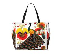 WXXWXD Bolsa de viaje de playa con estampado de flores rojas de pavo real, perfecta para bolsas de compras, piscinas, gimnasios, compras de viaje, bolsa de playa de gran capacidad con cremallera