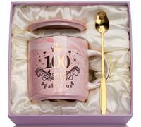 WXYTXHYQ Regalos 100 Cumpleaños Taza, Regalo Abuela 100 Cumpleaños Taza de Cerámica Jaspeada Rosa 400ml, Originales Regalos Mujer 100 Años, Viene con Tapa, Cuchara, Felicitación y Caja de Regalo