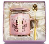 WXYTXHYQ Regalos 90 Cumpleaños Taza, Regalo Abuela 90 Cumpleaños Taza de Cerámica Jaspeada Rosa 400ml, Originales Regalos Mujer 90 Años, Viene con Tapa, Cuchara, Felicitación y Caja de Regalo