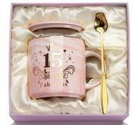 WXYTXHYQ Regalos para Chicas de 15 Años, 400ml Taza de Cerámica Rosa Regalos Jovenes 15 Años, 15 Cumpleaños Regalo Taza Original con Tapa, Cuchara y Caja de Regalo para Amigas, Hija, Hermanas