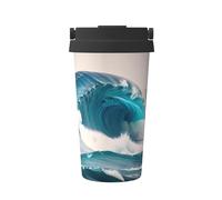 WXZYFP Taza de café frío portátil con diseño de olas de mar azul de dibujos animados, acero inoxidable 304, fácil de llevar, apertura de la tapa de la taza con un solo toque, conveniente para beber