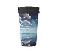 WXZYFP Taza de café frío portátil con nubes blancas sobre el mar, acero inoxidable 304, fácil de llevar, apertura de la tapa de la taza con un solo toque, conveniente para beber