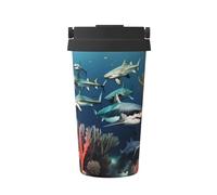 WXZYFP Taza de café frío portátil con tiburones bajo el mar, acero inoxidable 304, fácil de llevar, apertura de la tapa de la taza con un solo toque, conveniente para beber