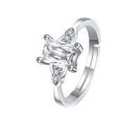 Wycian Anillo con grabado para mujer, anillo de oro blanco, plata 9 K, diamante de laboratorio, elegante y hueco, circonita rectangular con 4 dientes, tamaño 45 (14,3), moderno para tía aniversario