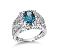 Wycian Anillo de compromiso azul, anillos de compromiso 925 para mujer, topacio ovalado azul con circonita cúbica blanca, tamaño apilable, nudillos para graduación, L 1/2, Plata de ley, Topacio