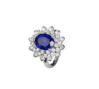 Wycian Anillo Piedra Azul Anillo Oro Blanco Mujer 18 Kilates Zafiro de Laboratorio Ovalado de 4 Puntas, Flor de Lujo, 3,7 CT con Moissanita Redonda Talla 6,75 Popular para Señoras Graduación Joyas
