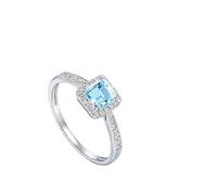 Wycian Anillo Piedra Azul Mujer Anillos Azules Oro Blanco de 9 Quilates Media Eternidad con Aguamarina Cuadrada de 0,6 CT Y Diamante de 0,16 CT Talla 25 Sólido No Chapado Elegante para Tía Graduación