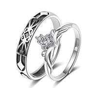Wycian Anillos a juego, anillos de caballero para hombre, 2 piezas, circonita cúbica, plata de ley, princesa y caballero para parejas, mujeres, aniversario, tamaño ajustable, adjustable, Plata,