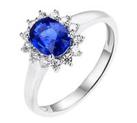 Wycian Anillos de flores de zafiro creado en laboratorio, oro blanco de 18 quilates, flor con zafiro de 1,33 quilates y diamante, tamaño I 1/2 macizo, no chapado, moderno para esposa y Año Nuevo, V 1