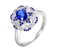 Wycian Anillos de flores para mujer, anillo de zafiro creado en laboratorio, oro blanco de 18 quilates, flor con zafiro de 0,89 quilates y diamante, talla P 1/2, sólido, no chapado, popular para bodas