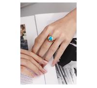 Wycian Anillos de joyería para mujer, anillo turquesa de racimo, oro amarillo de 9 quilates, 14 quilates, 18 quilates, ovalado con turquesa de 1,5 quilates y diamante, talla J 1/2, sólido, no chapado