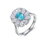 Wycian Anillos Mujer Boda Anillo Azul Mujer Oro Blanco de 14 Quilates Turmalina de Laboratorio Ovalada de 1,32 CT con Diseño Floral de Lujo Y Moissanita en Forma de Gota de Agua Talla 6,75 Graduación