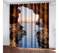 Wycian Cortina de puerta con ojales marrón claro 2 unidades poliéster vista cueva mar amanecer alto 214 x ancho 132 cm para dormitorio