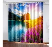 Wycian Cortina para puerta con ojales, multicolor, 2 unidades, poliéster, amanecer, montañas, bosque y lago, 229 x 137 cm, para dormitorio