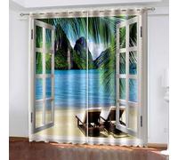 Wycian Cortinas decorativas para dormitorio con ojales, multicolor, 2 unidades, marco de ventana de poliéster y paisaje de montaña y mar de montaña, 160 x 102 cm
