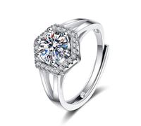 Wycian Promise Ring To Self - Anillo de oro blanco de 14 quilates para mujer, oro real, moissanita, hexagonal, tamaño H 1/2, moderno para esposa, joyería de cóctel, S 1/2, Oro blanco, Moissanita