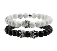 Wycian Pulsera de mano dorada para hombre, pulseras de metal para hombre, cuentas redondas de corona de piedra negra y blanca, elástica, 19 cm x 8 mm, para compromiso, 19CM x 8MM, Piedra