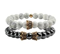 Wycian Pulsera de mano dorada para hombre, pulseras de metal para hombre, cuentas redondas de corona de piedra negra y blanca, elástica, 19 cm x 8 mm, para compromiso, 19CM x 8MM, Piedra