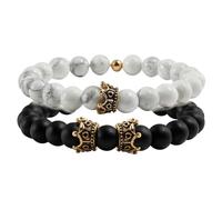 Wycian Pulsera de mano dorada para hombre, pulseras de metal para hombre, cuentas redondas de corona de piedra negra y blanca, elástica, 19 cm x 8 mm, para compromiso, 19CM x 8MM, Piedra
