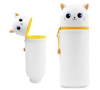 Wydexint Kawaii Astuccio Scuola 2 in 1 in Morbido Silicone, Portapenne da Tavolo, Astuccio 2 In 1 con Cerniera, Silicone morbido 2 in 1 - astuccio carino per Scuola, Uffici (Gato Blanco)