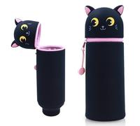 Wydexint Kawaii Astuccio Scuola 2 in 1 in Morbido Silicone, Portapenne da Tavolo, Astuccio 2 In 1 con Cerniera, Silicone morbido 2 in 1 - astuccio carino per Scuola, Uffici (Gato Negro)