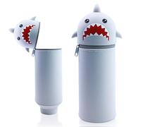 Wydexint Kawaii Astuccio Scuola 2 in 1 in Morbido Silicone, Portapenne da Tavolo, Astuccio 2 In 1 con Cerniera, Silicone morbido 2 in 1 - astuccio carino per Scuola, Uffici (Squalo Grigio)