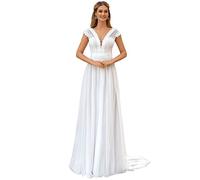 WYFDMNN Nuevo Vestido de Novia Bohemio Beach Encaje de Cuello V Vestido de Novia de Novia con Alas Y Mangas Barriendo Vestido, Blanco, 48