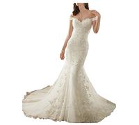 WYFDMNN Vestido de Encaje de Satén Elegante Vestido de Novia de Sirena, Marfil, 42