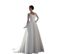 WYFDMNN Vestido de Novia de Encaje de Manga Larga de Cola Larga Vestido de Novia Romántico Blanco Francés Vestido de Noche Mujer Grande, Blanco, US12