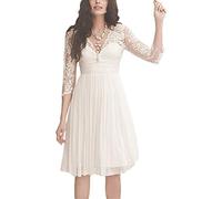 WYFDMNN Vestido de Novia Encaje Chiffon Corto Vestido de Novia de Letra a Manga Larga, Blanco, 38