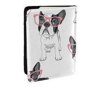 Wykjtwo Frenchie Negro Bulldog Francés Dibujos Animados Gafas Rosas Perro Blanco, Funda para Pasaporte Cartera de Viaje de Cuero PU Funda para Pasaporte Fundas para Pasaporte 6,5 Pulgadas
