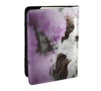 Wykjtwo Perros de Primavera Border Collie marrón con Flores, Funda para Pasaporte Cartera de Viaje de Cuero PU Funda para Pasaporte Fundas para Pasaporte 6,5 Pulgadas
