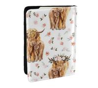 Wykjtwo Primavera Rosa Floral Vaca De Las Highlands Escocesas, Funda para Pasaporte Cartera de Viaje de Cuero PU Funda para Pasaporte Fundas para Pasaporte 6,5 Pulgadas