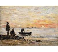 WYKUJMYTO Pinturas Famosas Póster en Lienzo Impresión de Arte Lienzo Marea baja y pescadores al atardecer de Eugene Louis Boudin para la Decoración de la Sala de Estar 60x90cm