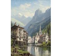 WYKUJMYTO Pinturas Famosas Póster en Lienzo Impresión de Arte Lienzo Pescando frente a un pueblo junto al lago por Charles Euphrasie Kuwasseg Jr. para la Decoración de la Sala de Estar 60x90cm