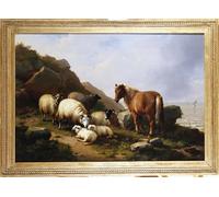 WYKUJMYTO Vintage Lienzo Pintura Vintage Pinturas Póster Arte Pared Ovejas en un acantilado con un velero más allá por Eugene Verboeckhoven para Decoraciones del Hogar 60x90cm