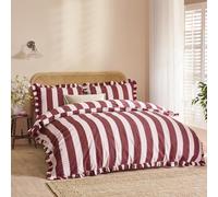 Wylder Birdie Stripe Juego De Funda Nórdica - Reversible con Volantes Algodón Rico A Rayas Ropa De Cama (Burdeos/Flor - 230x220cm)