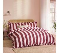 Wylder Birdie Stripe Juego De Funda Nórdica - Reversible con Volantes Algodón Rico A Rayas Ropa De Cama (Burdeos/Flor - 137x200cm)
