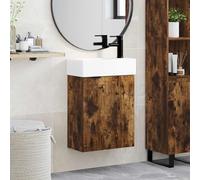 Wynira Mueble bajo lavabo para baño con lavabo y grifo mezclador de baño negro, madera de roble ahumado, tamaño compacto 45,5 x 22,5 x 84 cm, montaje en pared