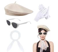 WYRGQIQN Accesorios Disfraz Francés Mujer + Conjunto Retro 1950s + Boina Beige Gafas Bufanda Guantes + 56-58cm Tamaño Único Blanco