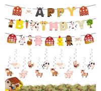WYRGQIQN Decoración cumpleaños Granja Infantil 26 Piezas con 2 guirnaldas Feliz cumpleaños, 12 espirales Colgantes y 12 Tarjetas Animales de Papel para Fiesta temática de Animales Granja